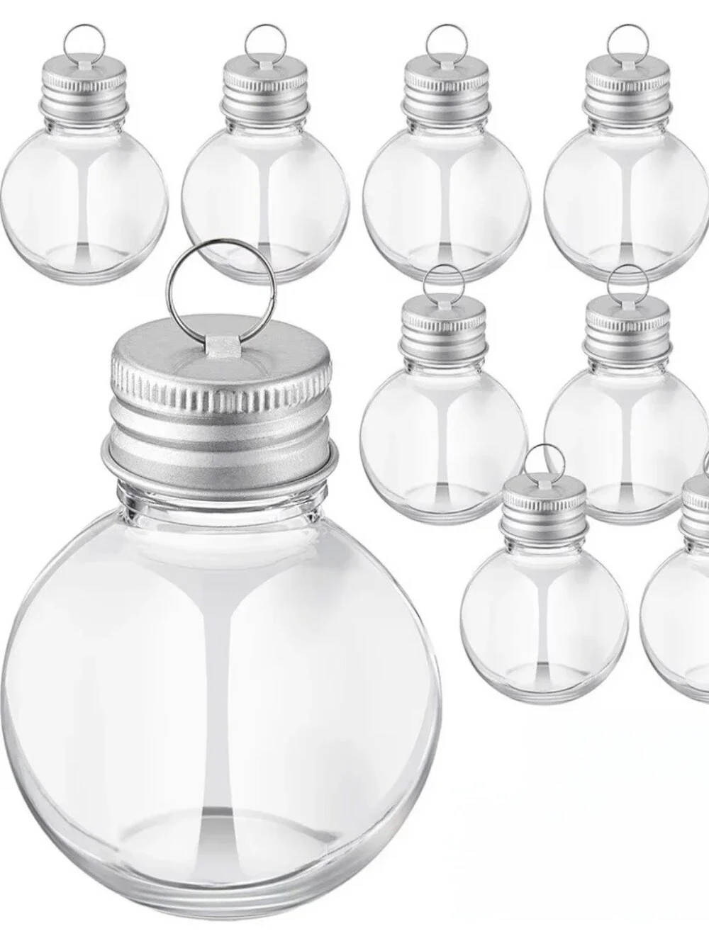 Clear Round Glass Pendant Bottles with Silver Screw Caps - Set of 30. NEW.